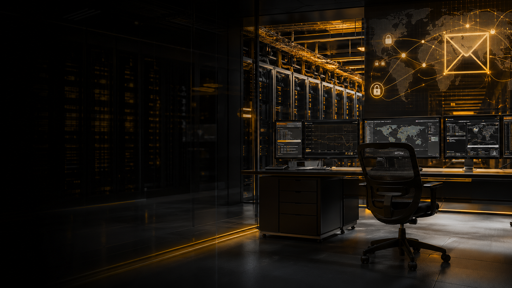 secure operations center with servers, monitoring panels, and communication lines
